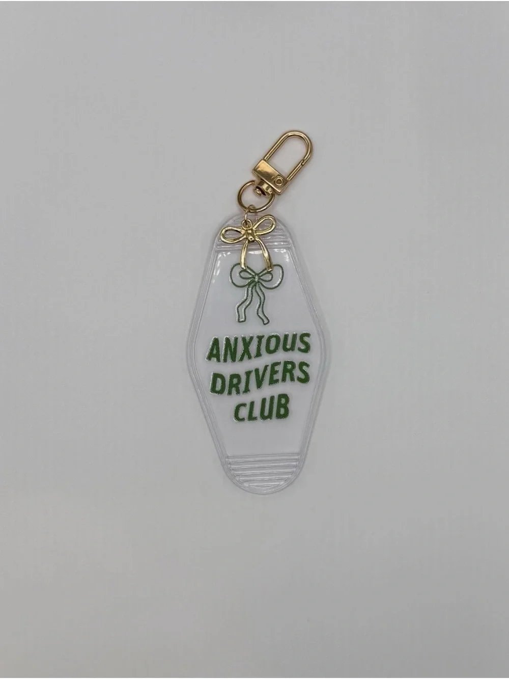 Anxious Drivers Club Clear Keychain with Green Text